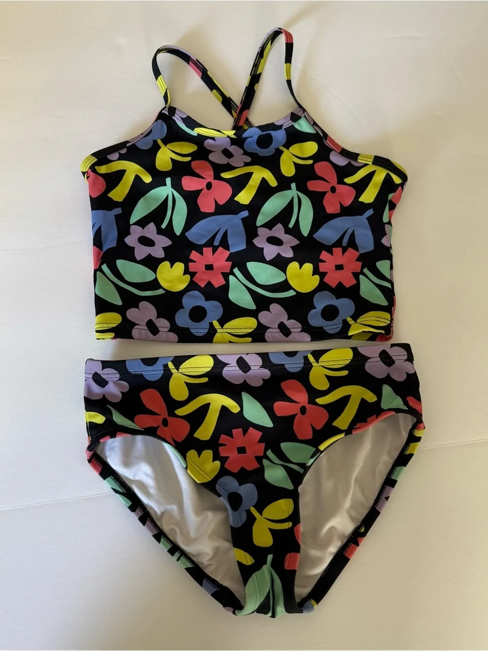 Hanna Andersson Two-Piece Swimsuit Color: Florals on Black, Size 8 / 130 CM